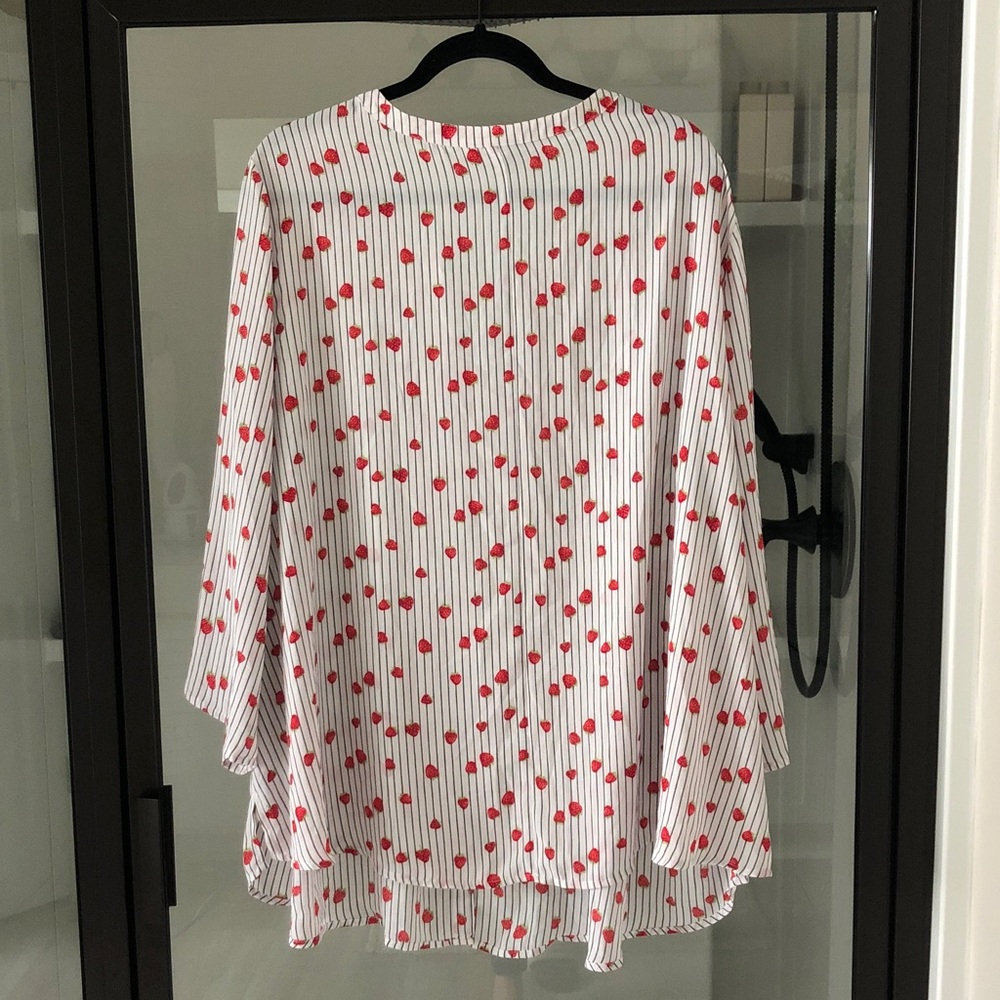 Catherines White Red Strawberry with striped print blouse 3X novelty quirky - Picture 5 of 6